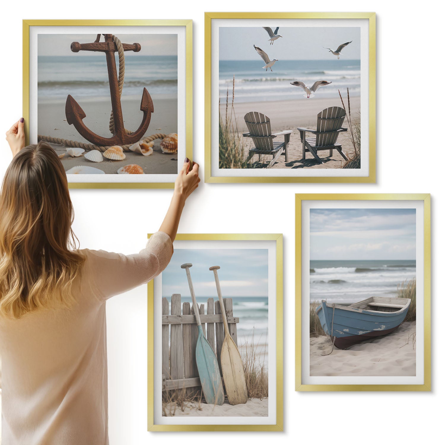 Galeria ścienna 4-częściowy komplet obrazów w złotych ramach - Letnie widoki na plaży krajobraz znad morza - ArtPrintCave