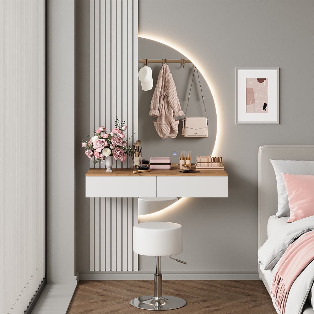 Vicco Stół do toalety Melina, Biały/dąb, 100 cm z lustrem LED i stołkiem