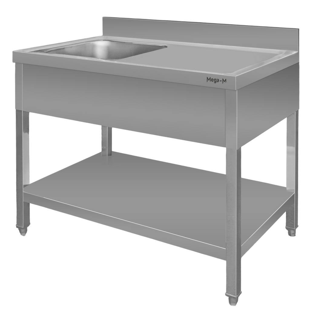Stół gastronomiczny ze stali nierdzewnej Mega-M przyścienny ze zlewem po lewej stronie i z półką 100x70x85cm