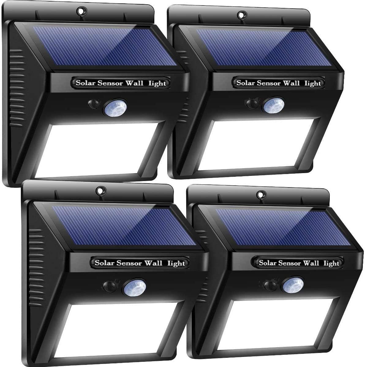 Zewnętrzne lampy solarne - Oświetlenie bezpieczeństwa z czujnikiem - 3 tryby zewnętrzne do ogrodu, ogrodzenia, drzwi, garażu (białe - 4 sztuki)