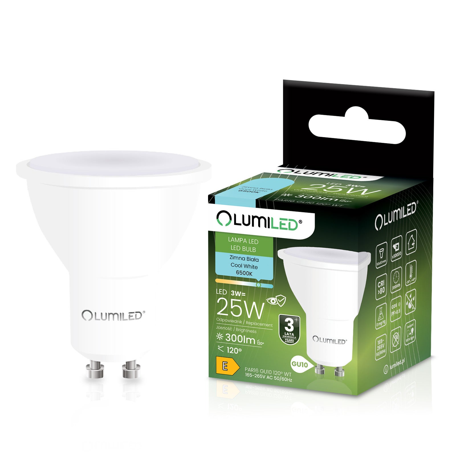Żarówka LED GU10 Reflektor PAR16 3W 300lm 6500K Zimna biel 120st LUMILED