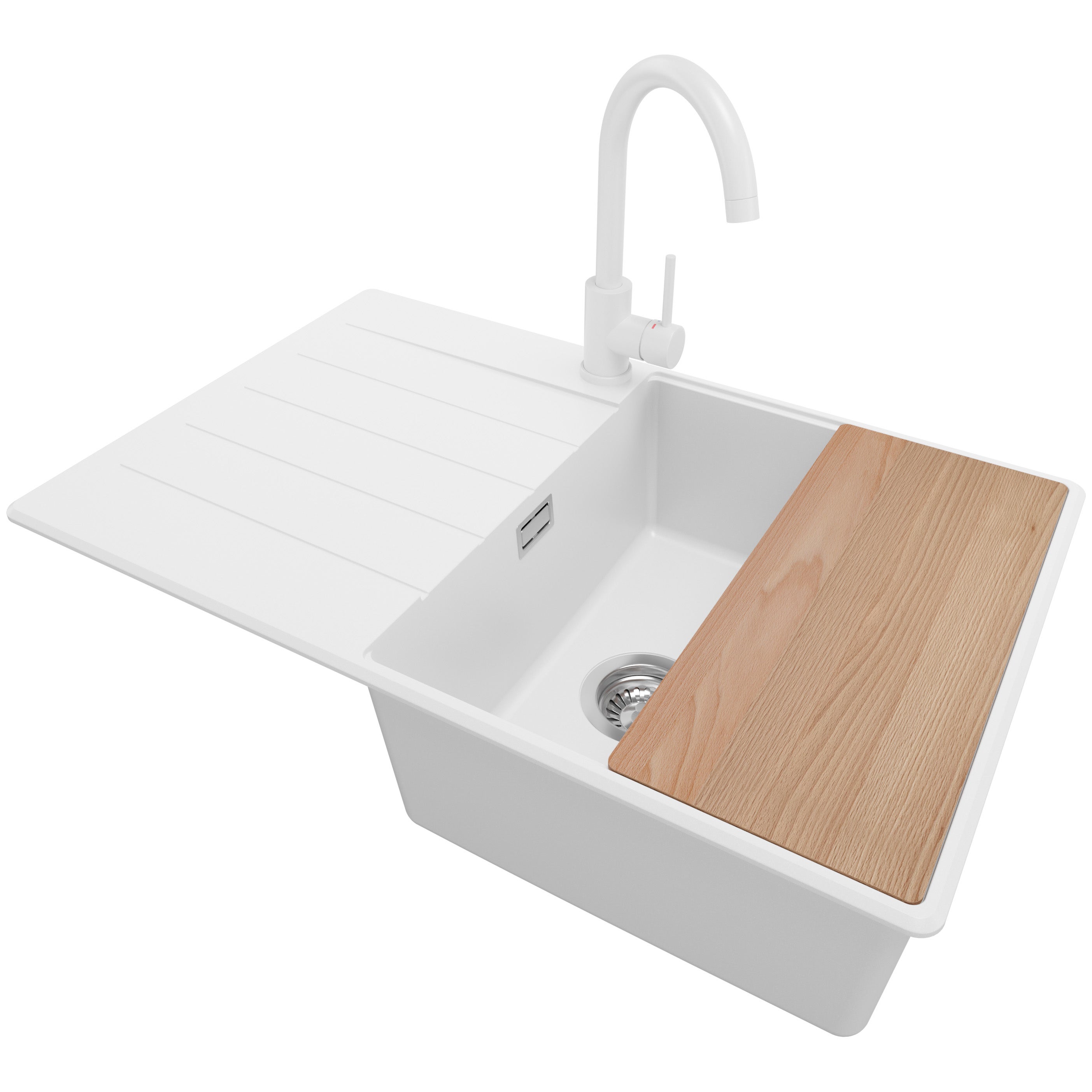 Zlewozmywak Granitowy Biały 78x50cm, Zlew Kuchenny 1 Komorowy + Bateria 32x20cm + Syfon + Deska, Nablatowy do szafki od 50cm - Kopenhaga PRIMAGRAN
