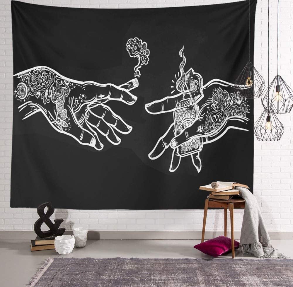 200×150 cm ścienna tapeta z motywem białych i czarnych kwiatowych dłoni, zabawna, trippy, hipisowska, boho, nowatorska tapeta, drukowany materiał deko