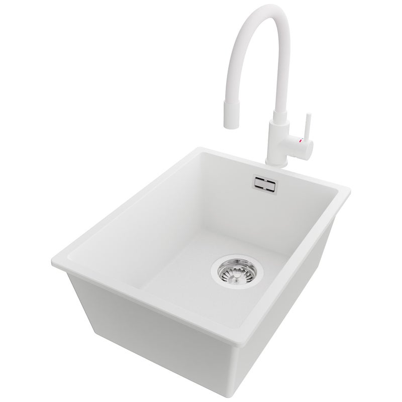 Zlewozmywak Granitowy Biały 36x47cm, Zlew Kuchenny 1 Komorowy + Bateria 38x14cm + Syfon, Nablatowy do szafki od 40cm - Londyn Slim PRIMAGRAN