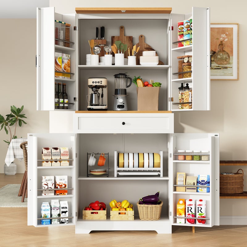 Kredens kuchenny z 4 drzwiami i 4 półkami - 80 x 40 x 180 cm - MDF i płyta wiórowa - Biały + naturalny