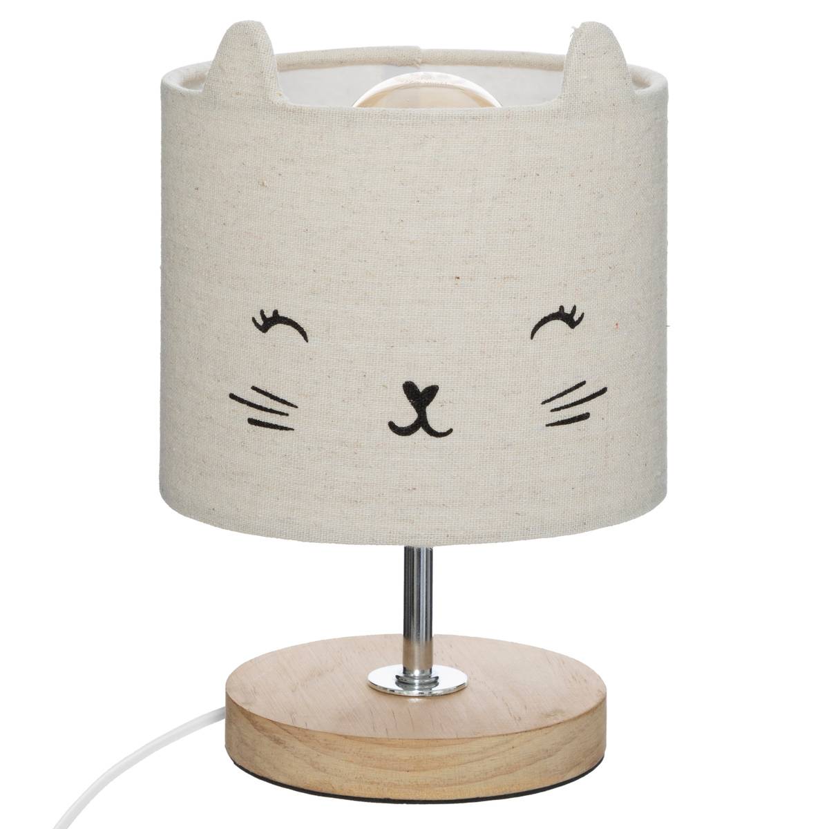 Lampe - A poser - Chevet - Abat jour chat - Socle bois - Chambre enfant - Atmosphera