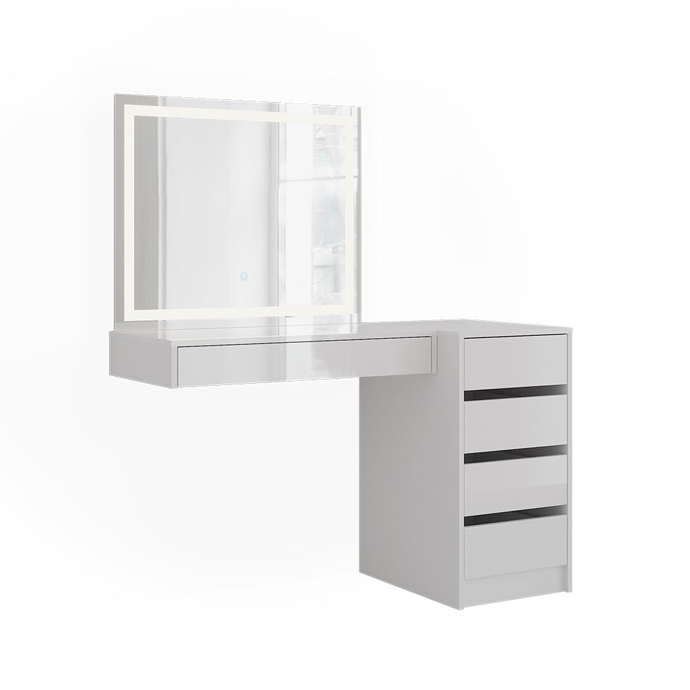 Vicco Stół toaletowy Sherry, Biały/Biały wysoki połysk, 120.2 cm z lustrem LED i szafką z szufladami