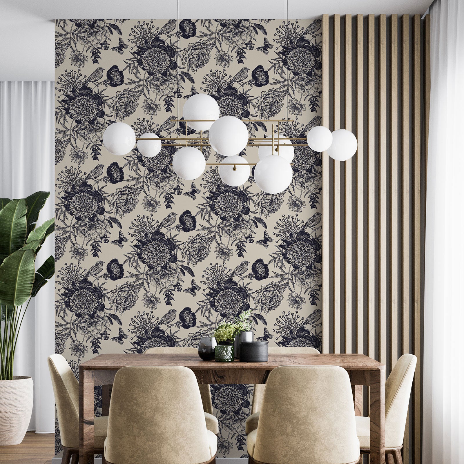Dekoracyjna tapeta flizelinowa - Kwiaty i ptaki - Papier Premium 185 g zmywalny 9 brytów 60x260 cm - Powierzchnia: szer. 540 x wys. 260 cm