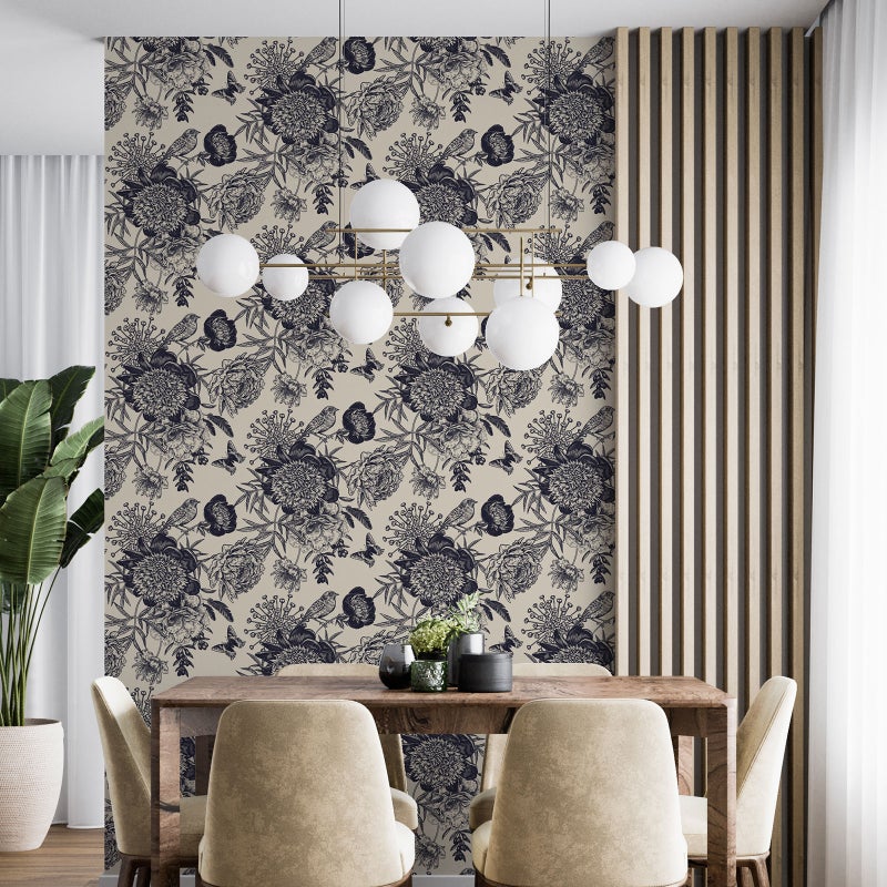Dekoracyjna tapeta flizelinowa - Kwiaty i ptaki - Papier Premium 185 g zmywalny 9 brytów 60x260 cm - Powierzchnia: szer. 540 x wys. 260 cm