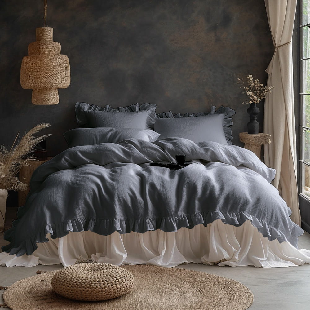Pościel bawełniana z falbanką 220x200 Stonewashed Exclusive, Natural Grey, szara - Limasso