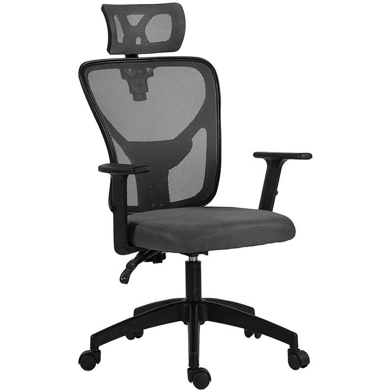 Ergonomiczny i regulowany fotel biurowy z podparciem lędźwiowym i zagłówkiem, 66 x 61 x 106-116 cm, szary
