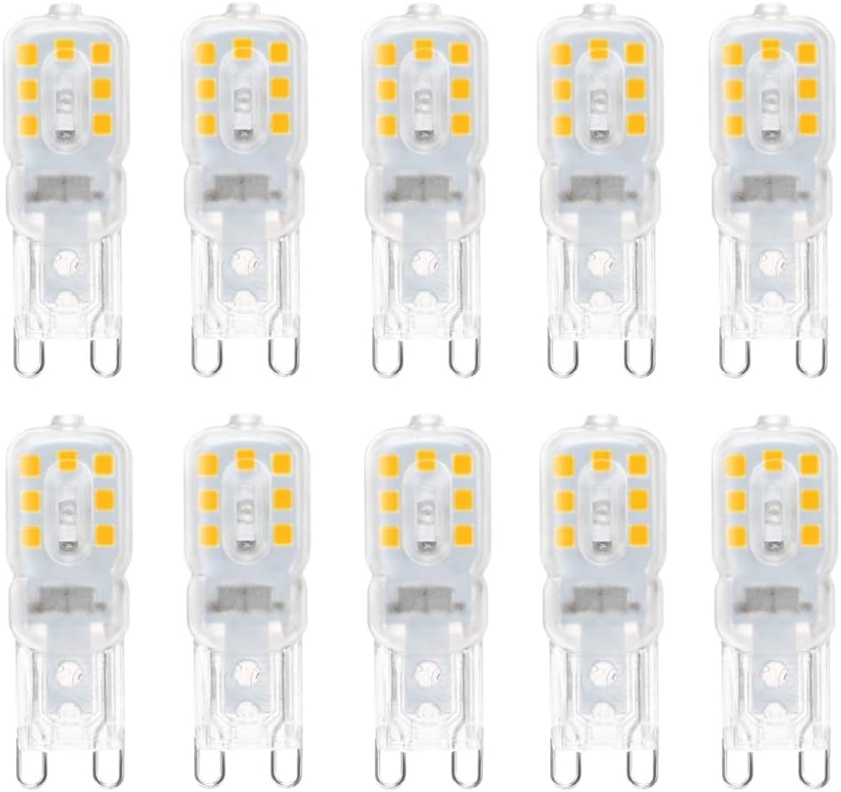 10 żarówek LED G9 3W, odpowiednik żarówek halogenowych 33W, białe światło 6000K, nieściemnialne, kąt wiązki 360°