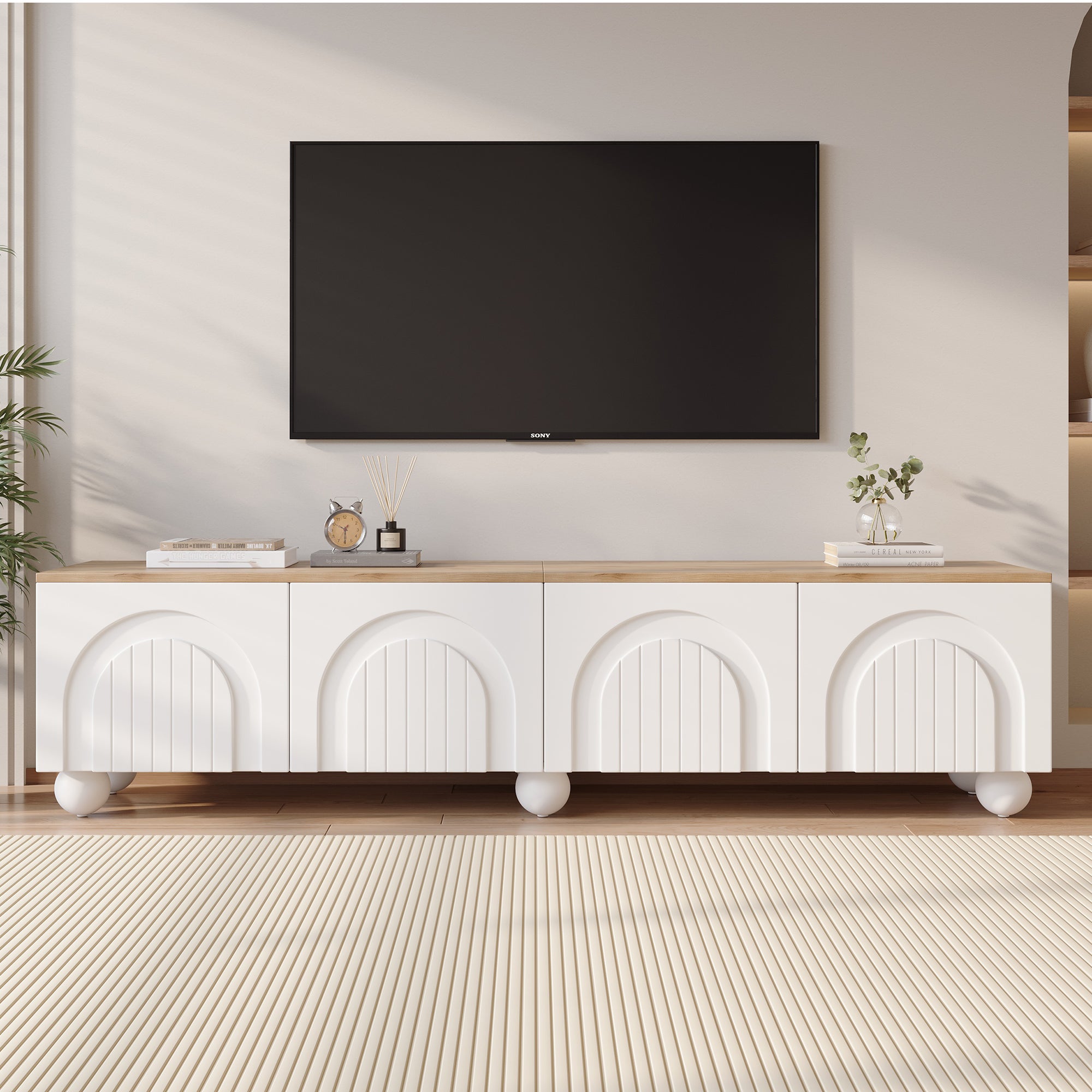 Szafka RTV z 4 drzwiami na telewizor 80 cali - 180 x 40 x 45 cm - MDF - do salonu lub sypialni - Biały + Dąb