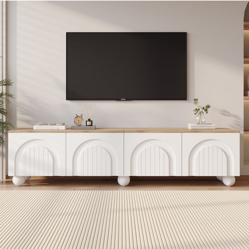 Szafka RTV z 4 drzwiami na telewizor 80 cali - 180 x 40 x 45 cm - MDF - do salonu lub sypialni - Biały + Dąb