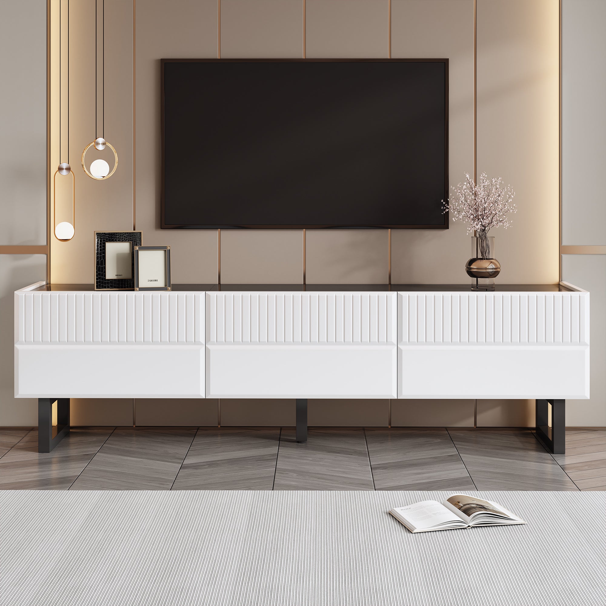 Meble pod TV 170x35x47cm - z 3 szufladami - Błyszczący lakierowany blat - Żelazne nogi - MDF - Biały i czarny