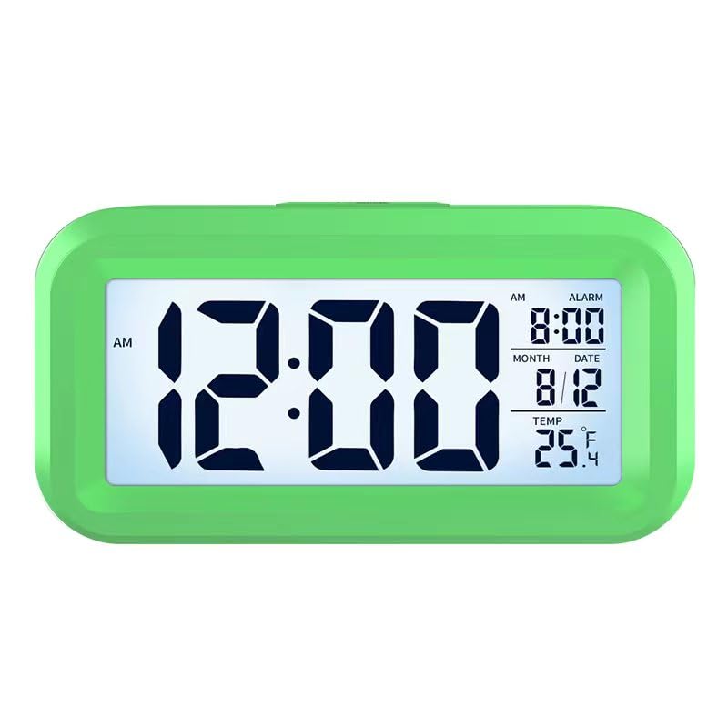 Budzik LCD LED z lampką nocną, funkcją drzemki, wyświetlaniem temperatury i daty, zasilany baterią (zielony)