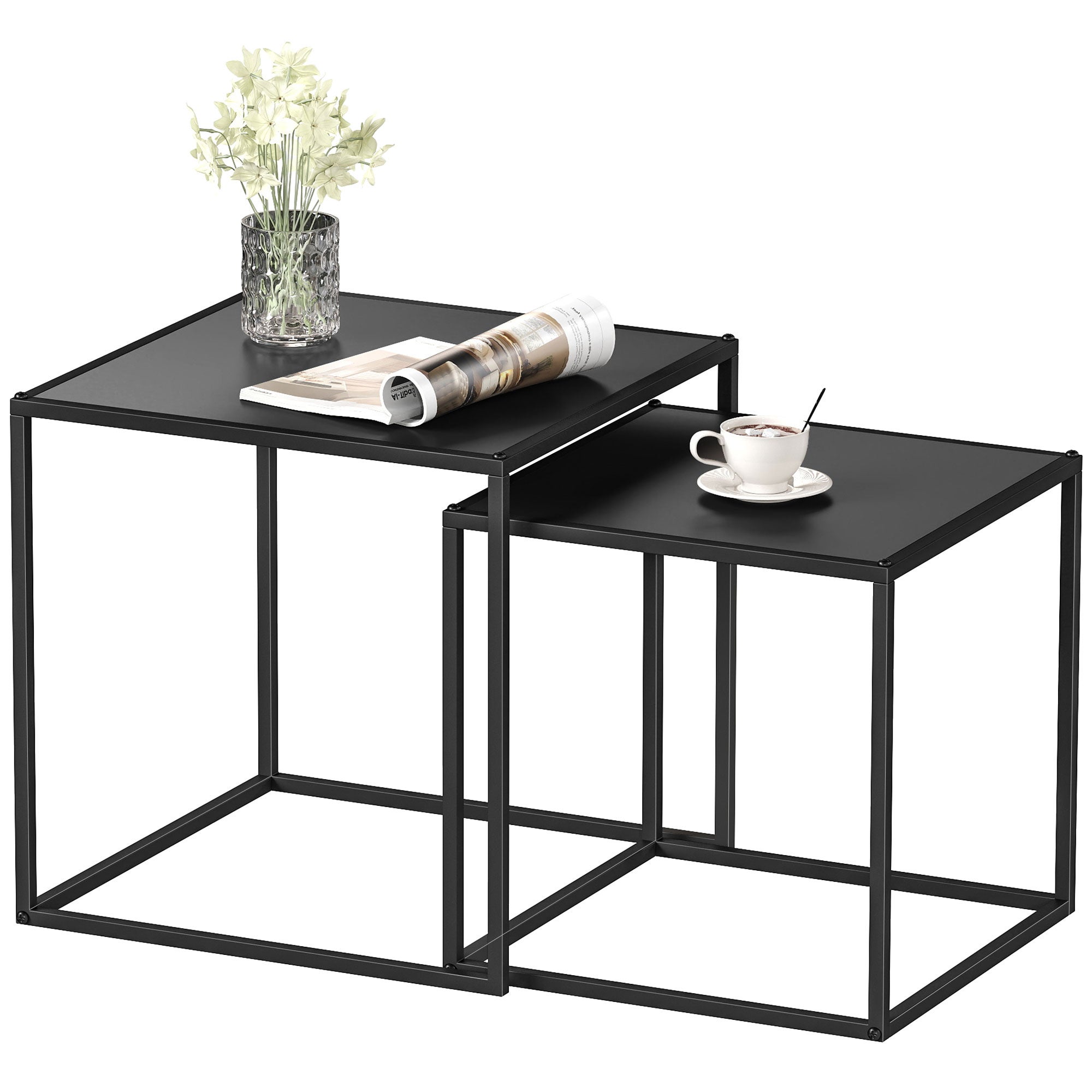 Zestaw 2 kwadratowych stolików kawowych wsuwanych w stylu industrialnym, matowy czarny metal - wymiary 40 i 35 cm