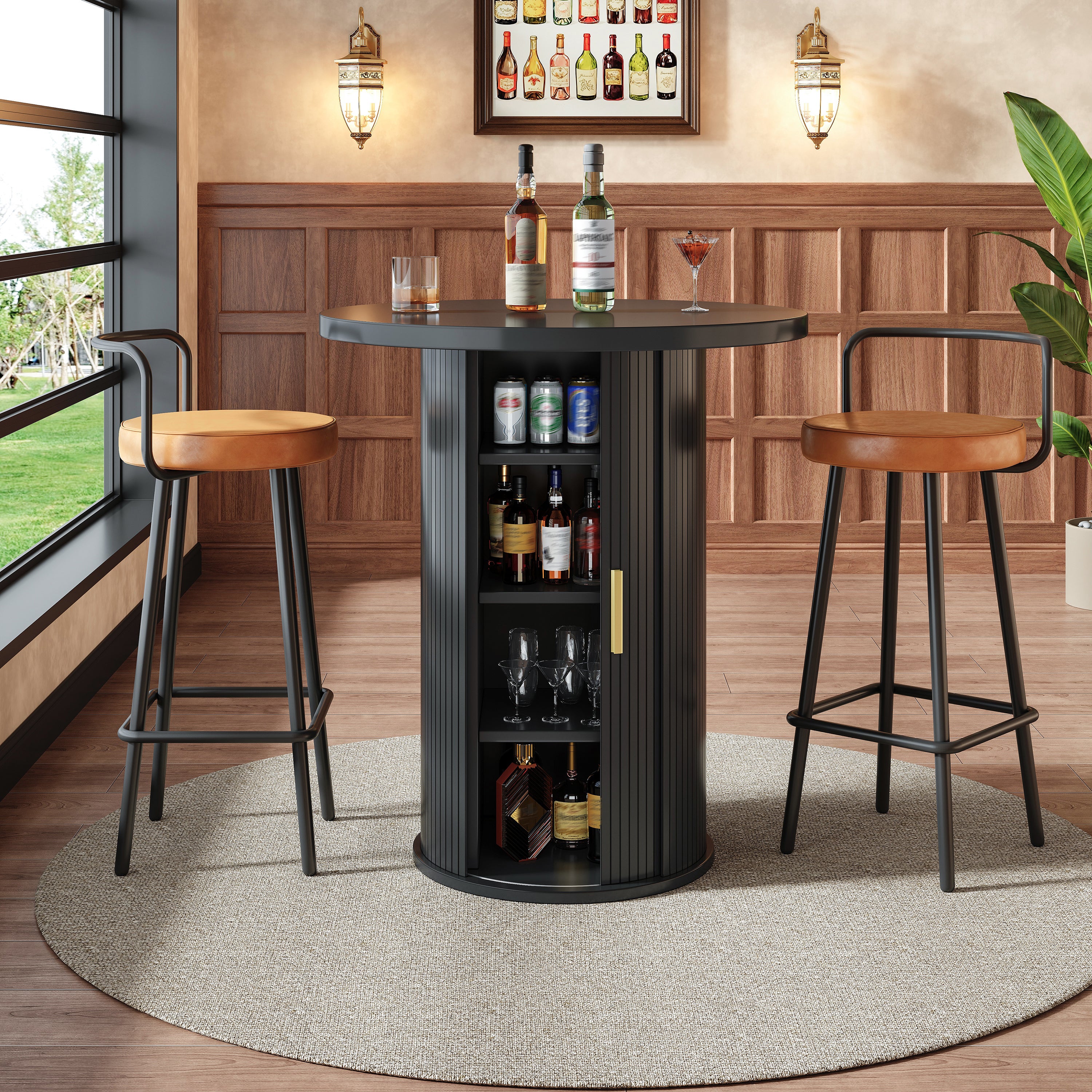 Okrągły stół barowy z miejscem do przechowywania, 6 cm z szafką, stół barowy o wysokości 91, nośność do 75 kg, wygląd drewna MDF