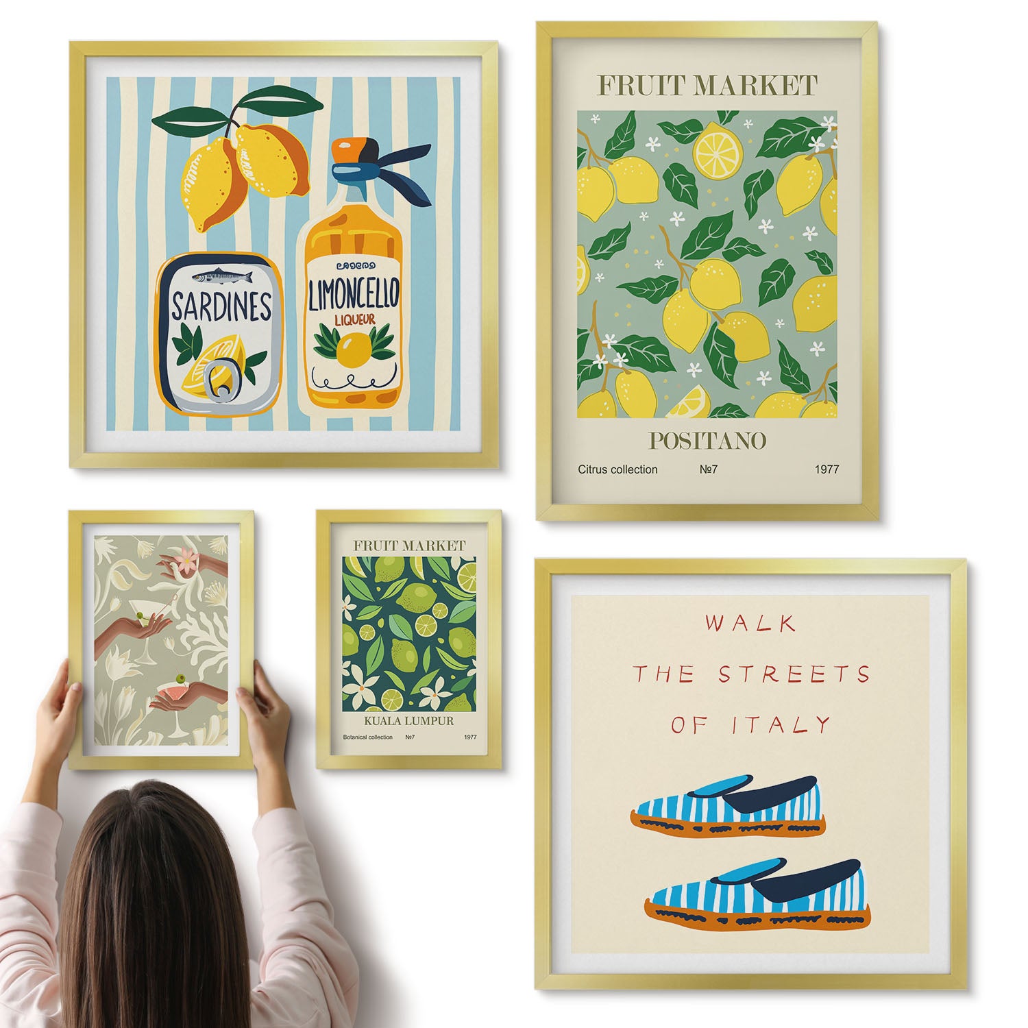 Galeria ścienna 5-częściowy komplet obrazów w złotych ramach - Owocowe inspiracje z rynku w stylu vintage - ArtPrintCave