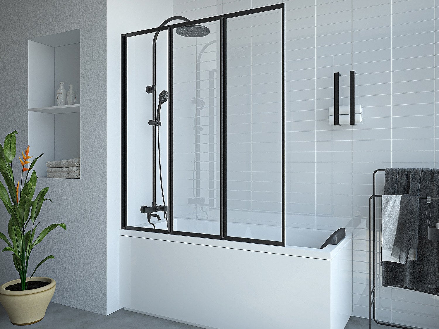 Ścianka nawannowa składana z metalu w kolorze matowym czarnym w industrialnym stylu – 120 × 140 cm – DISTRICT