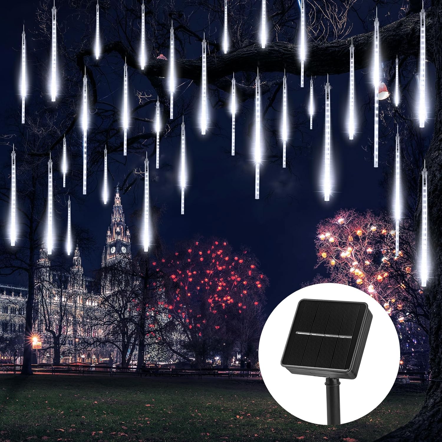 Solarne girlandy świąteczne na zewnątrz, solarne girlandy deszczu meteorytów, dekoracje świąteczne, białe (10 tub - 50 cm - 360 LED)