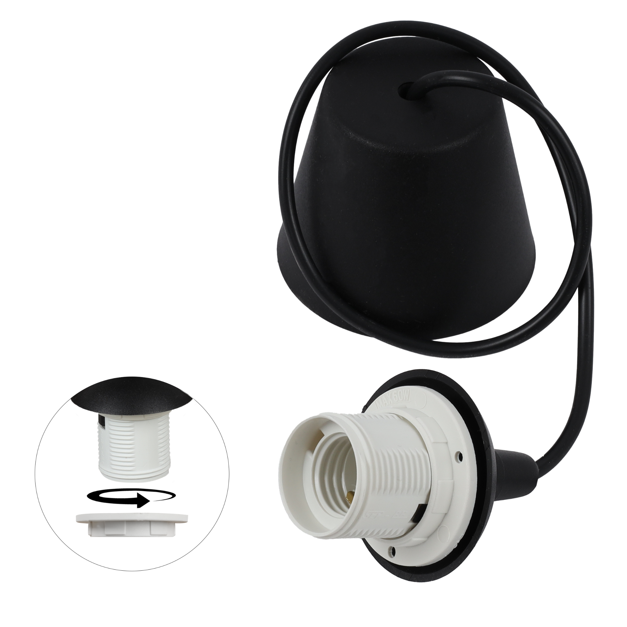 Zawiesie do lampy wiszącej stożek 75cm oprawka grzybek E27 czarna/biała