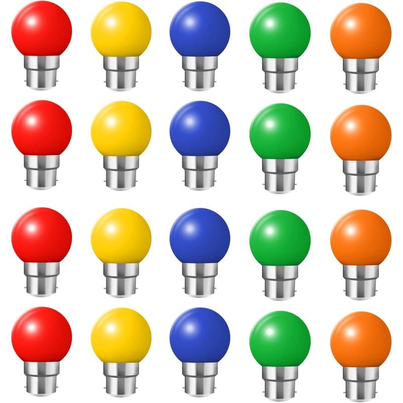 Zestaw 20 żarówek LED kolorowych b22, żarówki bagnetowe 2W Czerwony, Żółty, Pomarańczowy, Zielony, Niebieski, Nietłukące (odpowiednik 20W)