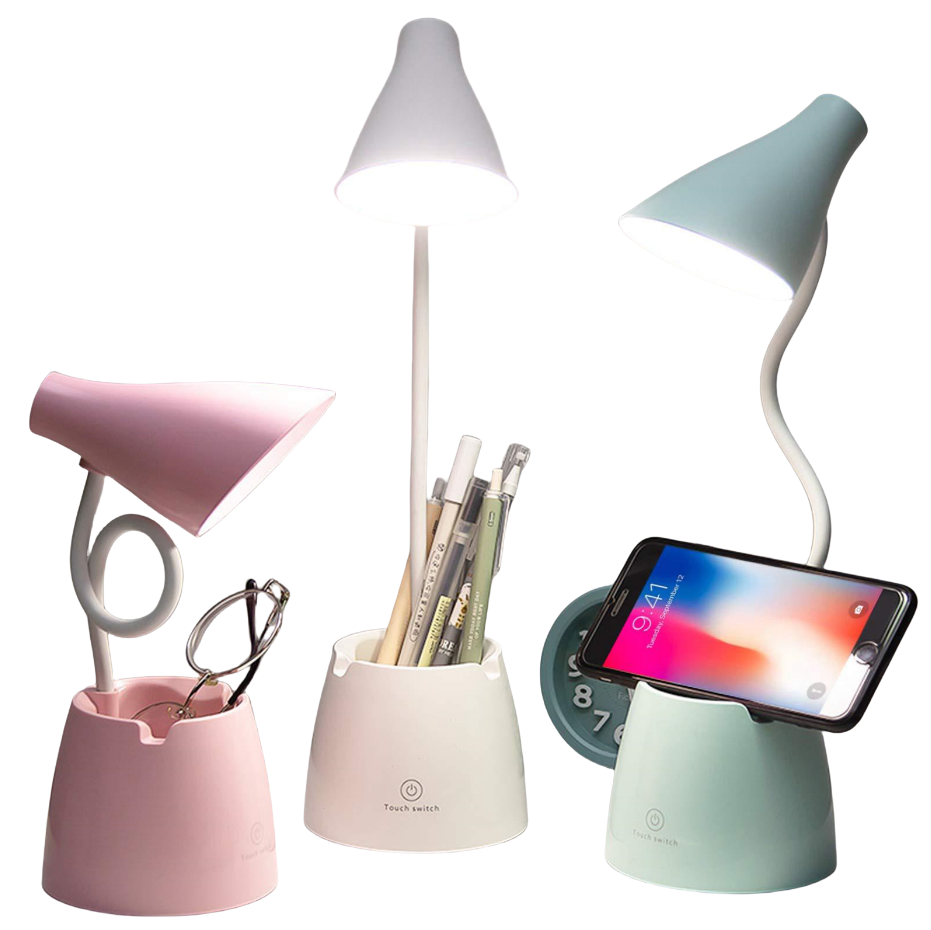 Lampka biurkowa LED z 3 trybami oświetlenia i płynną regulacją, elastyczna gęsia szyja 360°, uchwyt na długopis i podstawka na telefon komórkowy, r