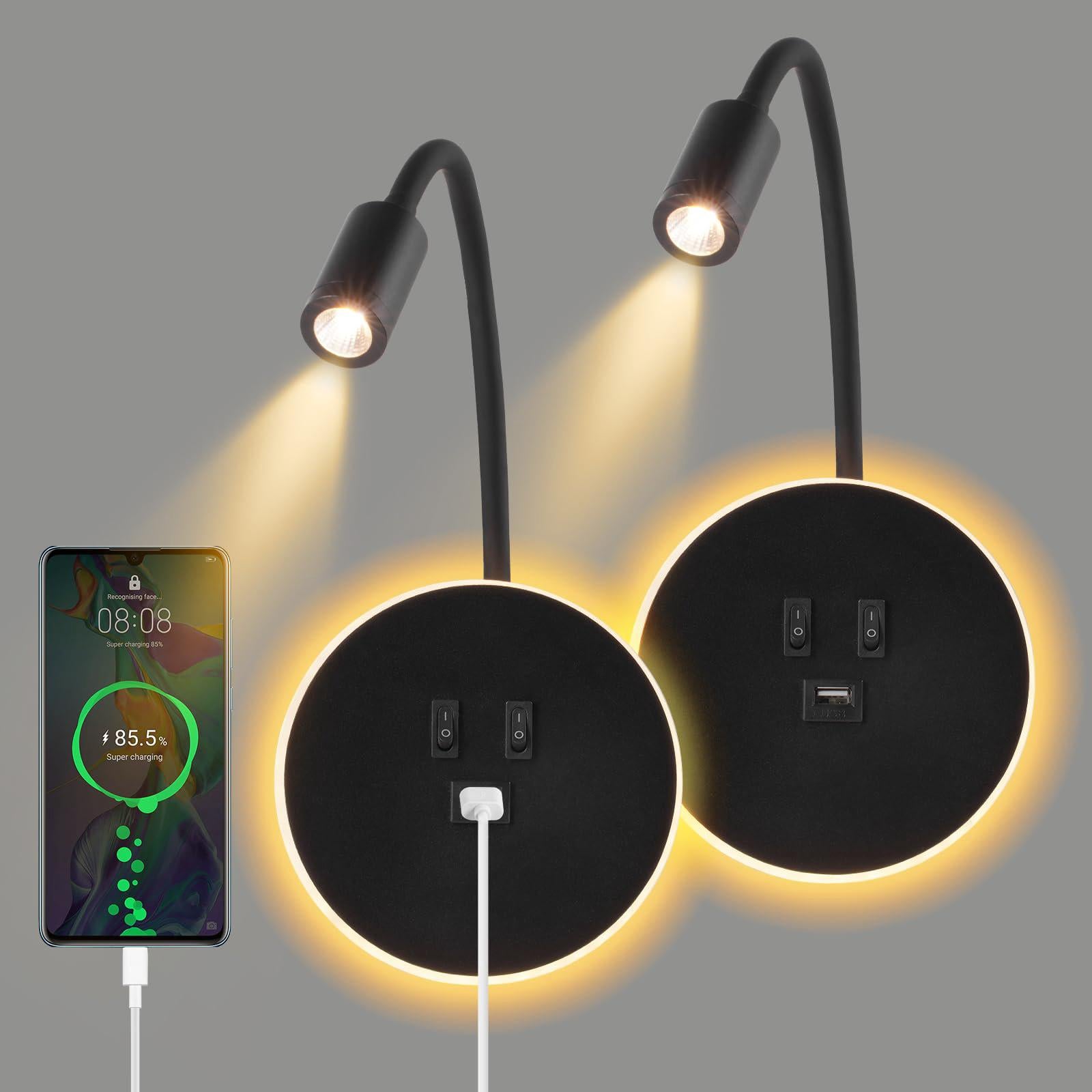2-częściowy kinkiet LED do użytku wewnątrz pomieszczeń, lampa do czytania z przełącznikiem, regulowana lampka nocna do czytania z ładowarką USB, 3000K