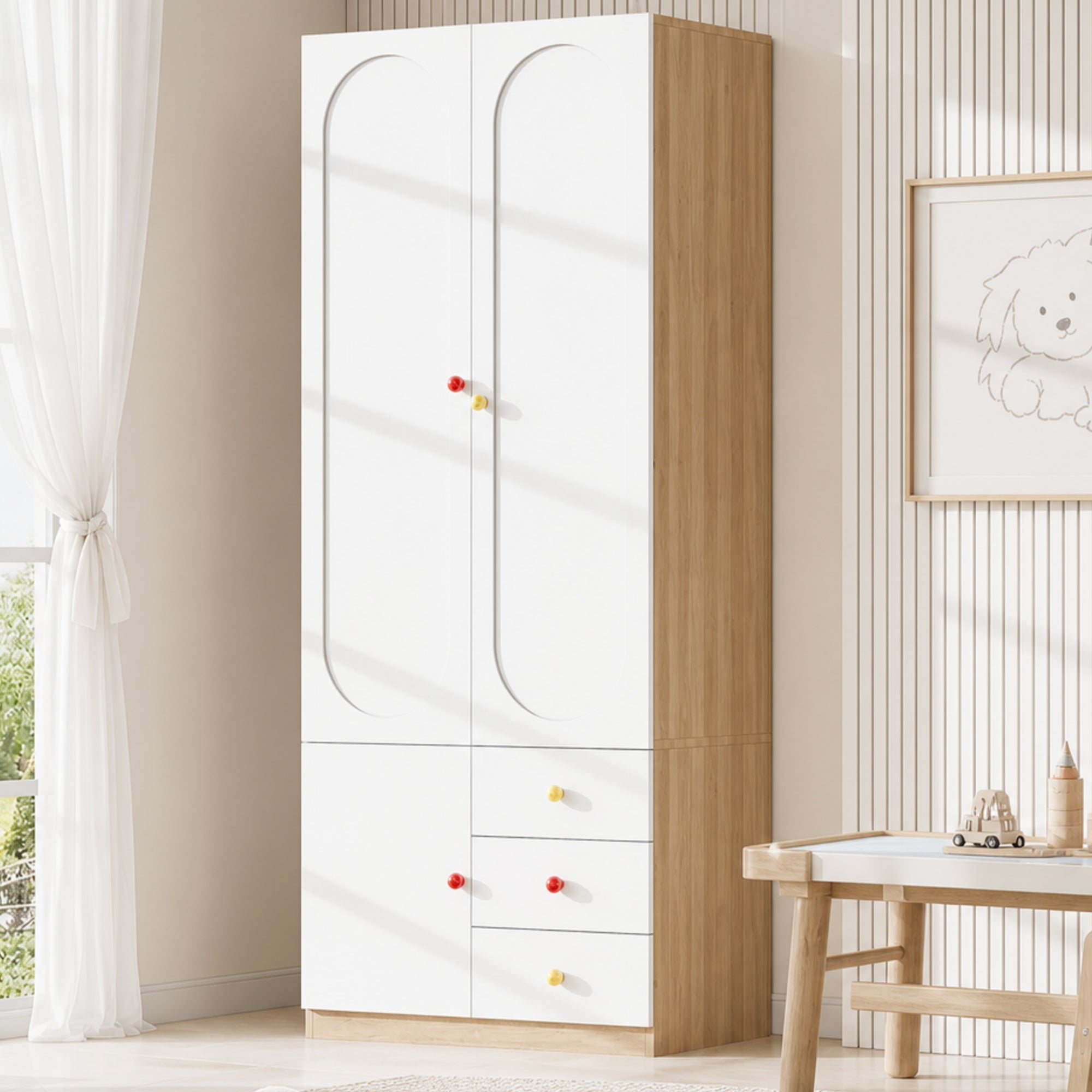 Zestaw 2 szaf dziecięcych z 2 drzwiami, drążkiem na wieszaki, półkami i 3 szufladami, uchwyty ceramiczne - MDF - 80 x 50 x 200 cm - biały