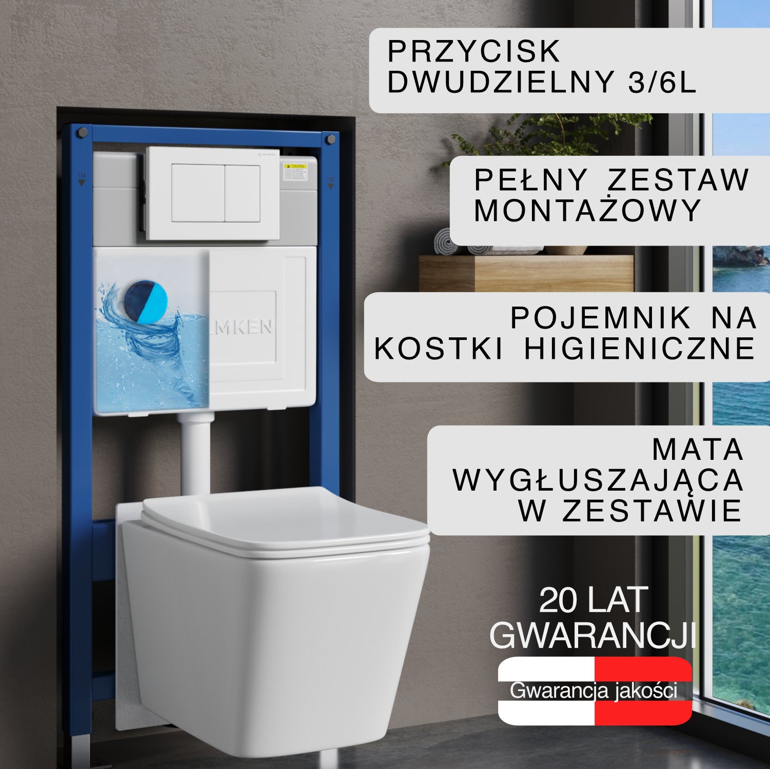Stelaż podtynkowy WC Helmken 35120001 Zestaw 6w1: Przycisk Biały (J), Miska bezkołnierzowa Rimless, Deska wolnoopadająca, Pojemnik na kostki, Mata
