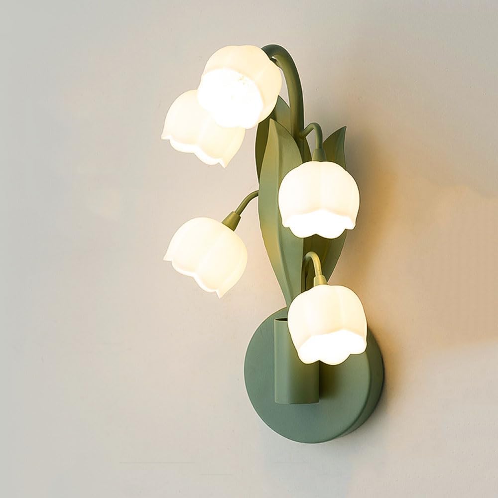Nowoczesny kinkiet ścienny z motywem kwiatowym, elegancka zielona lampa ścienna, kreatywna lampa nocna z francuskiego szkła w kształcie lilii do sypia