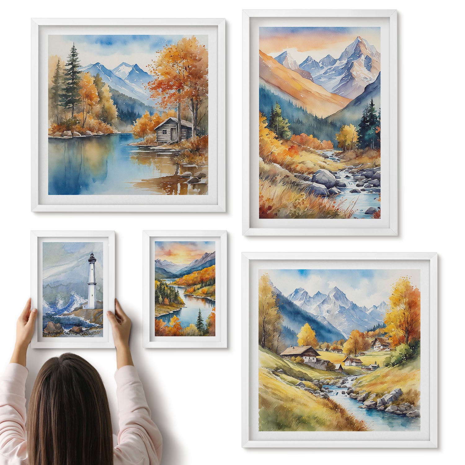 Galeria ścienna 5-częściowy komplet obrazów w białych ramach - Górskie pejzaże z rzekami i latarnią morską - ArtPrintCave