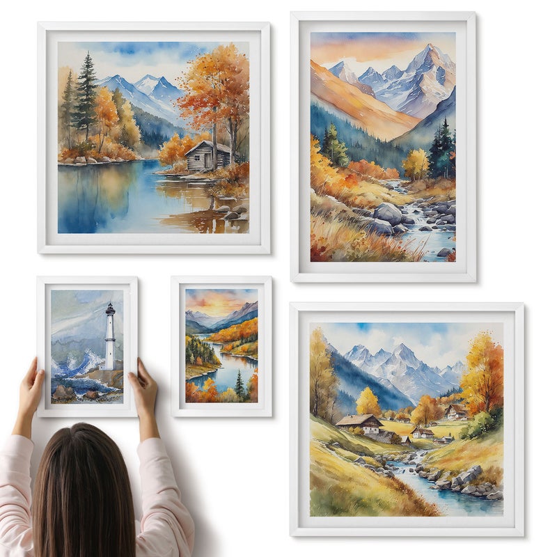 Galeria ścienna 5-częściowy komplet obrazów w białych ramach - Górskie pejzaże z rzekami i latarnią morską - ArtPrintCave