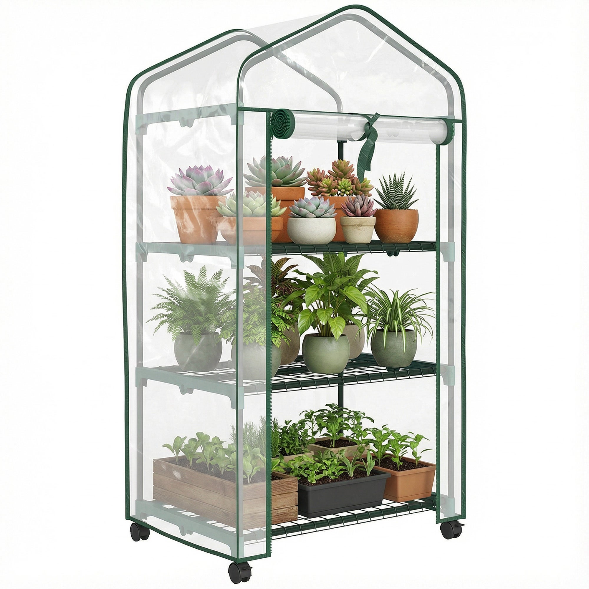 mini ogród szklarnia z 3 półki, wysokiej gęstości PVC pokrowiec, zwijane drzwi, 4 casters, 69 x 49 x 130 cm, przezroczysty