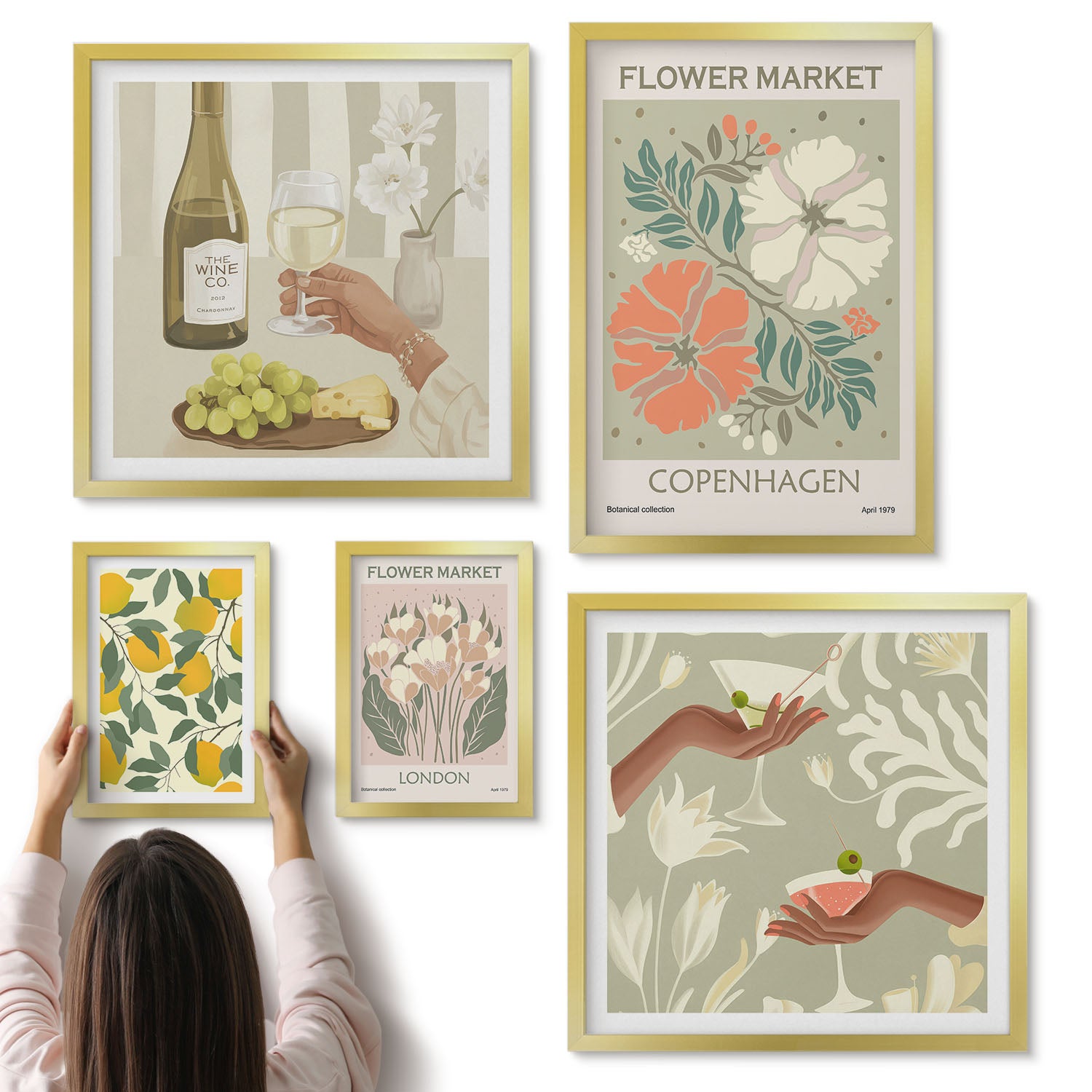 Galeria ścienna 5-częściowy komplet obrazów w złotych ramach - Kwiatowe rynki i owocowe inspiracje w stylu vintage - ArtPrintCave