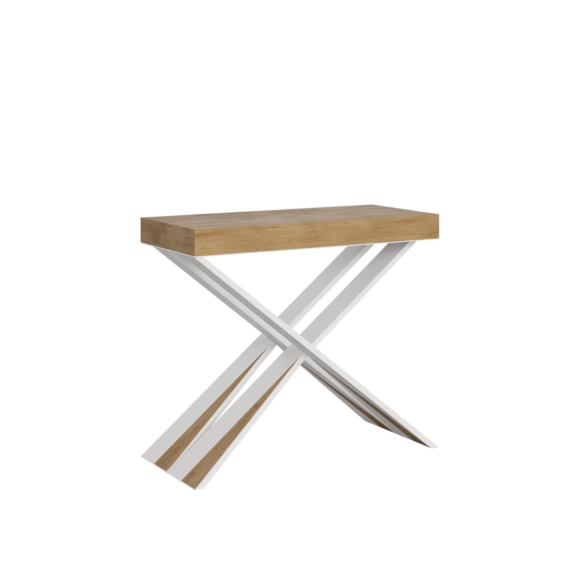 Mesa consola pequeña Diago, roble natural, estructura blanca, extensible hasta 196 cm.