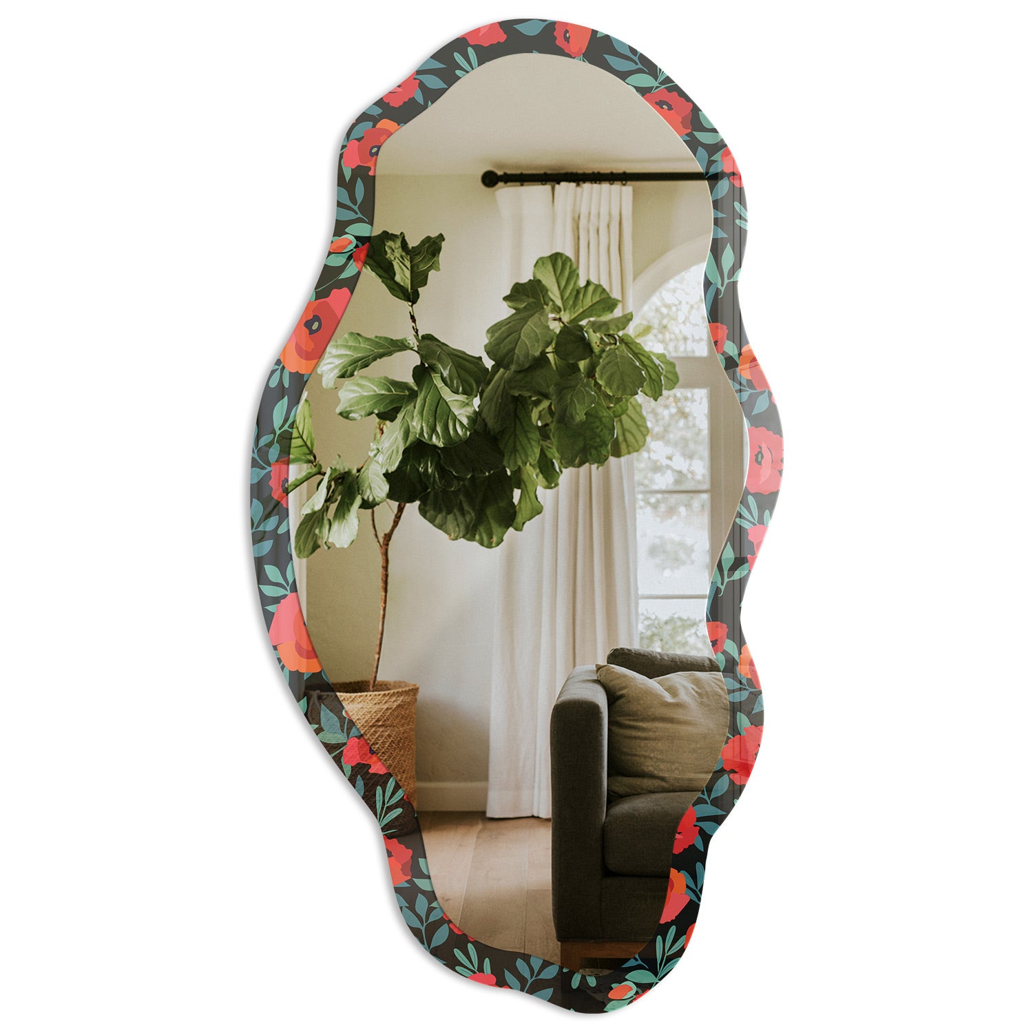 Lustro ozdobne premium z nadrukiem na szkle hartowanym - Wzorzysty ogród 52x97cm
