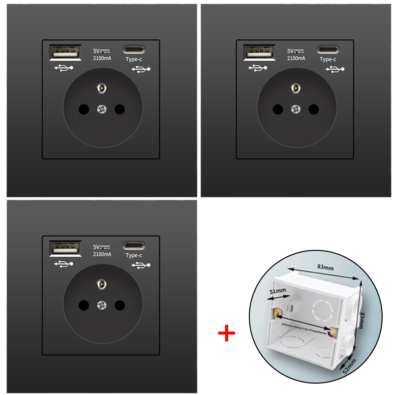 Zestaw 3 gniazdek ściennych z USB i Type-C, 5 V 2,1 A, standard UE, wpuszczane gniazdo USB, listwa zasilająca z puszką montażową, 110-250 V (czarny)