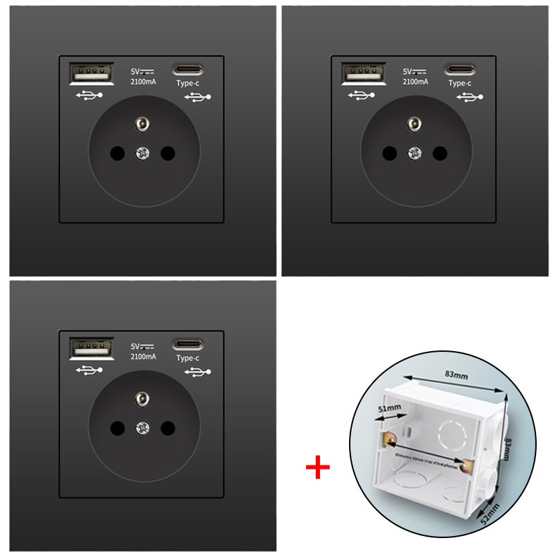 Zestaw 3 gniazdek ściennych z USB i Type-C, 5 V 2,1 A, standard UE, wpuszczane gniazdo USB, listwa zasilająca z puszką montażową, 110-250 V (czarny)