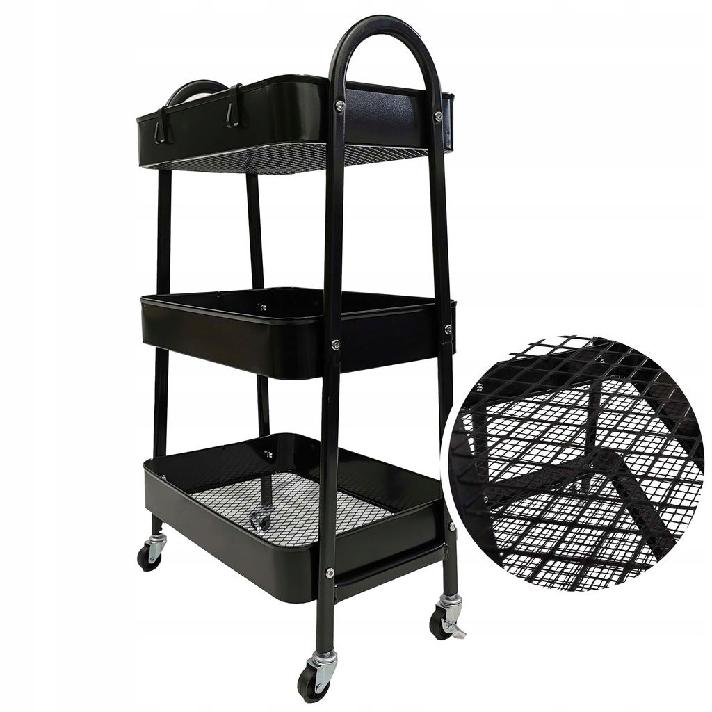 Wózek metalowy organizer mobilny stolik 3 poziomy blokada kółek 79 cm czarny