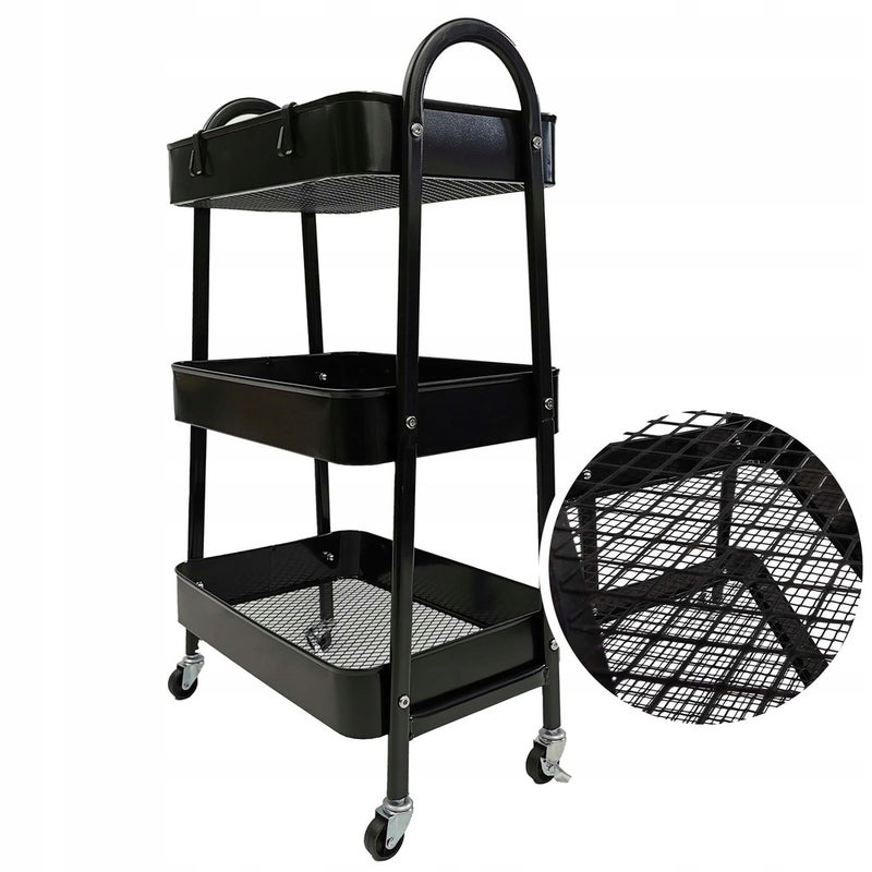 Wózek metalowy organizer mobilny stolik 3 poziomy blokada kółek 79 cm czarny