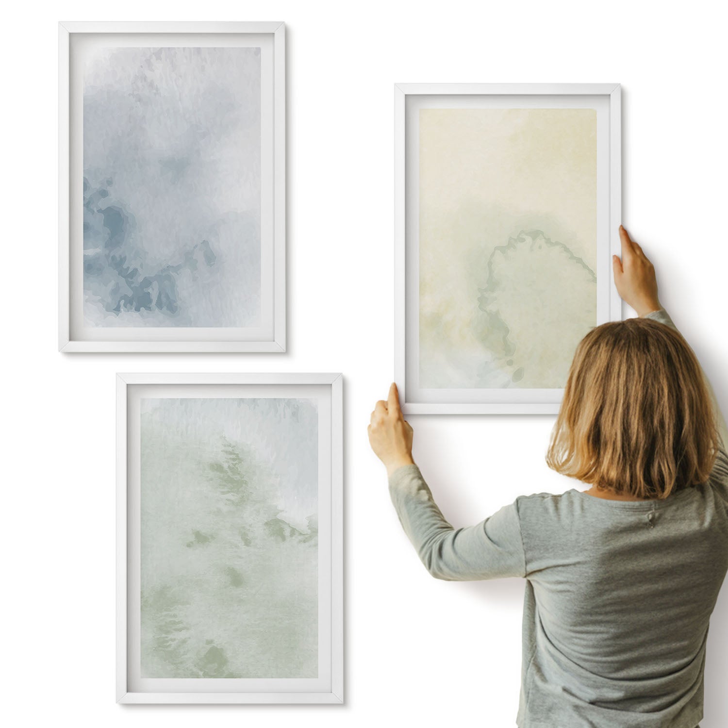 Galeria ścienna 3-częściowy komplet obrazów w białych ramach - Pastelolwe farby akwarelowe na płótnie tekstury - ArtPrintCave