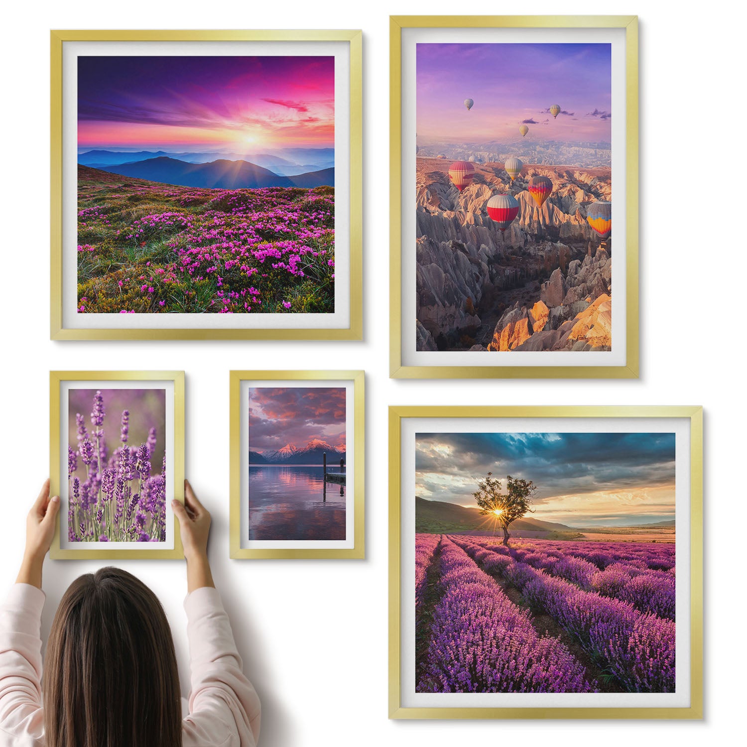 Galeria ścienna 5-częściowy komplet obrazów w złotych ramach - Krajobrazy z lawendą i balonami na gorące powietrze - ArtPrintCave