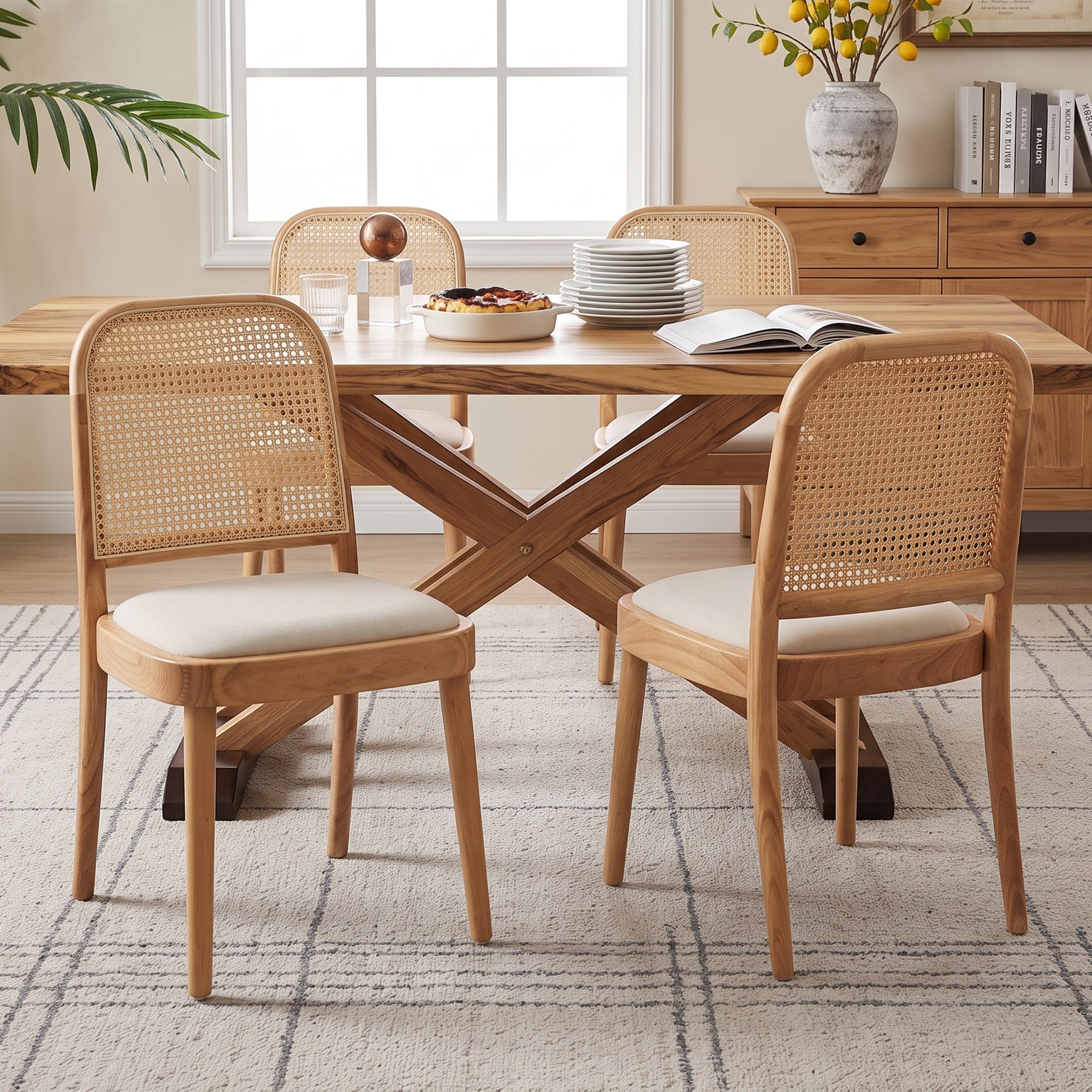 Zestaw 4 krzeseł do jadalni bez podłokietników z oparciami z rattanu - lite drewno, rattan i len - 52 x 45 x 84 cm - naturalne drewno