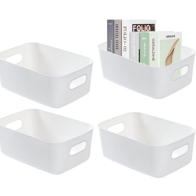 Zestaw 4 plastikowych pudełek do przechowywania o wymiarach 20 x 14 x 7 cm – odpornych na plamy i zapachy – można je układać jeden na drugim, co opty