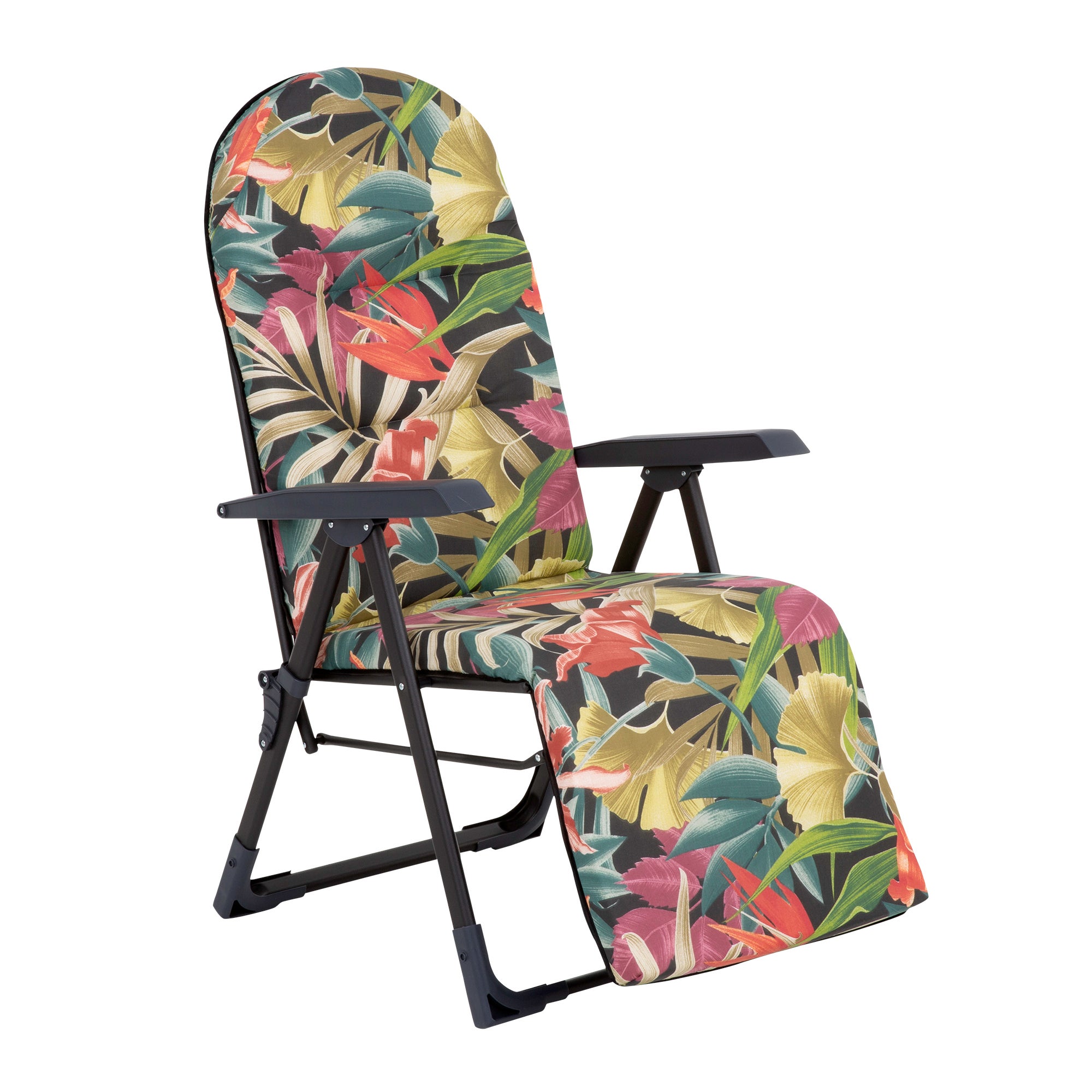 Fotel ogrodowy rozkładany Galaxy Plus Black Edition z podnóżkiem motyw roślinny Patio
