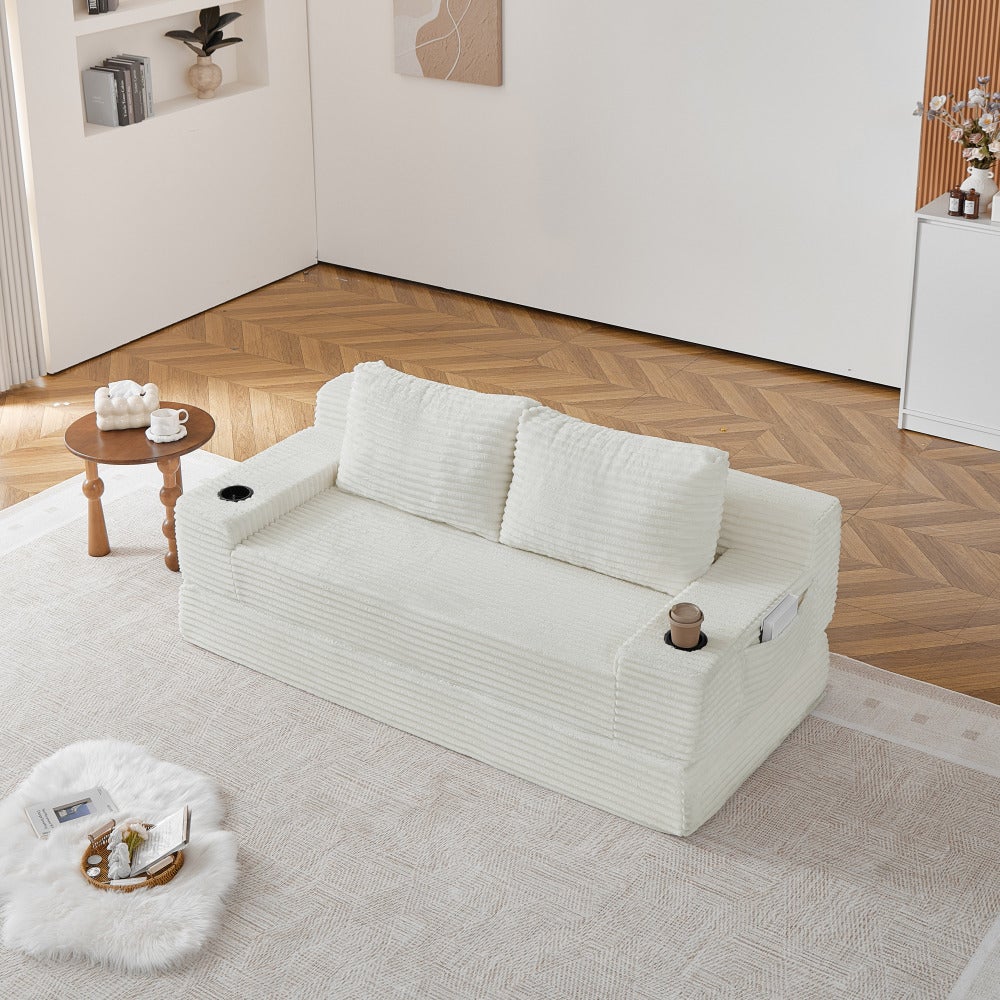 Kanapa sofa rozkładana 2-osobowa 2 w 1 ze sztruksu, 2 poduszki, uchwyty na kubki i kieszenie boczne