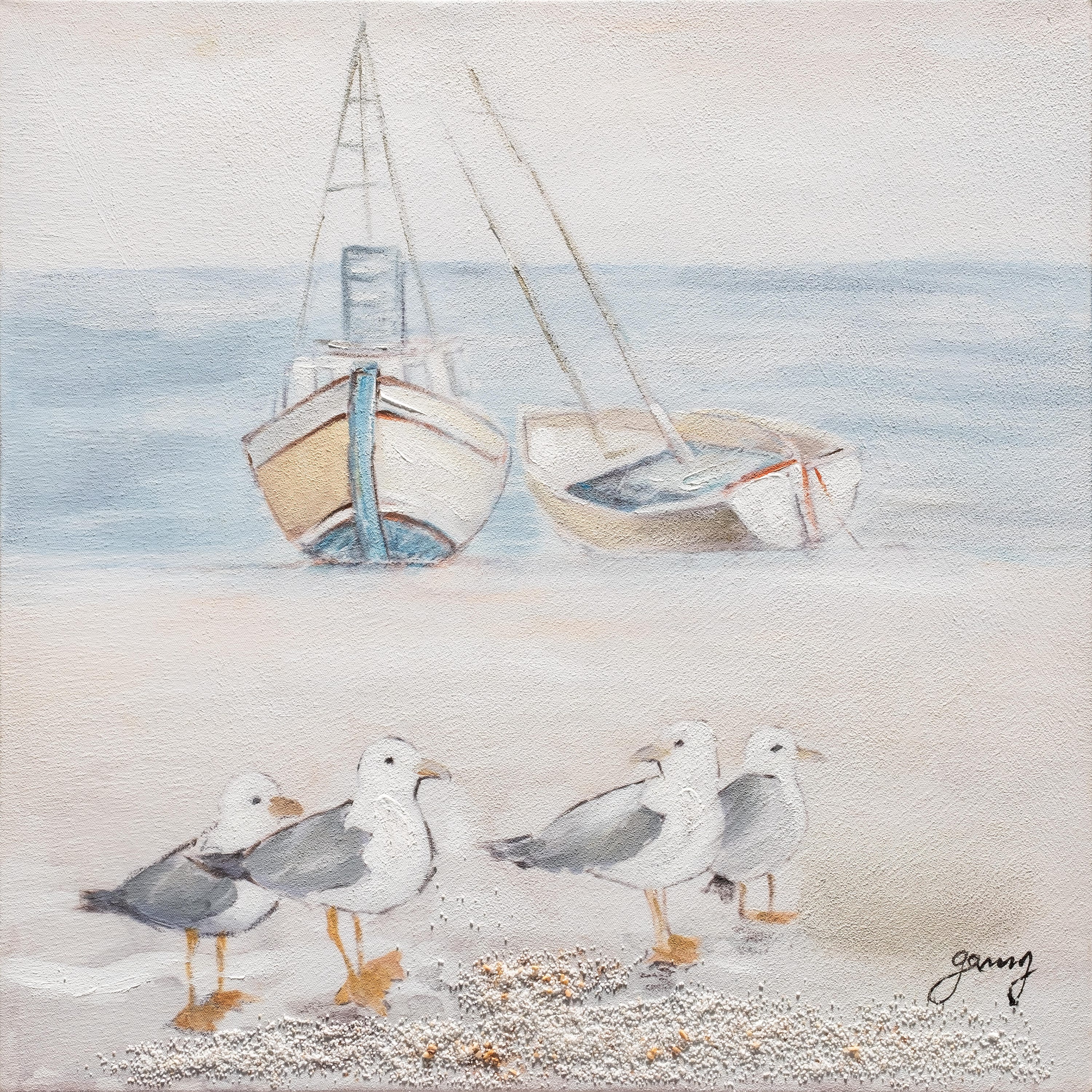 Obraz bez ramy Morze kwadratowy 60 x 60 cm. Płótno Łodzie Mewy biały