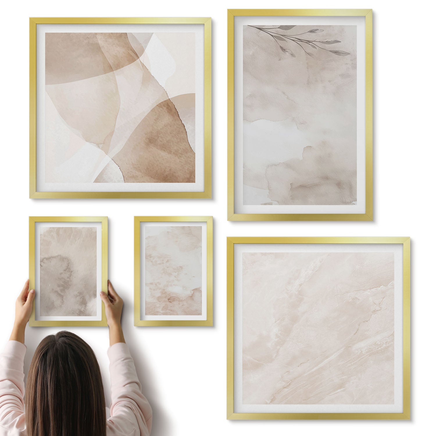 Galeria ścienna 5-częściowy komplet obrazów w złotych ramach - Rozlane farby akwarelowe tekstury styl boho - ArtPrintCave